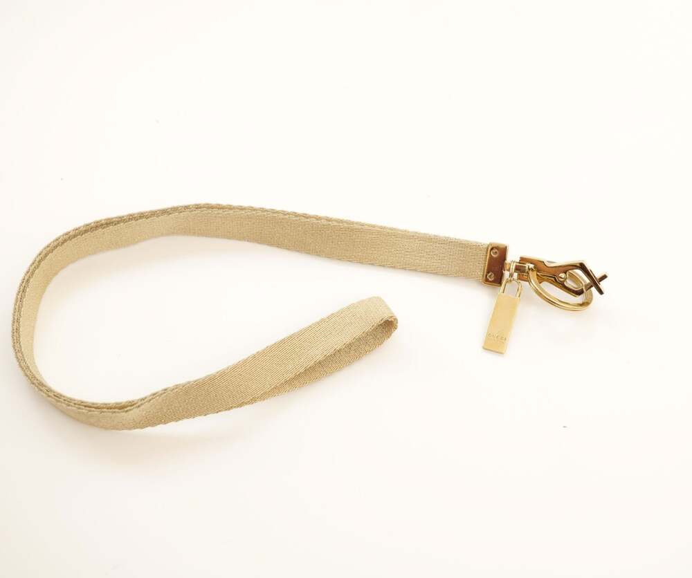 Gucci Champagne Gold Canvas Wristlet Key Strap Keychain Clasp Ring